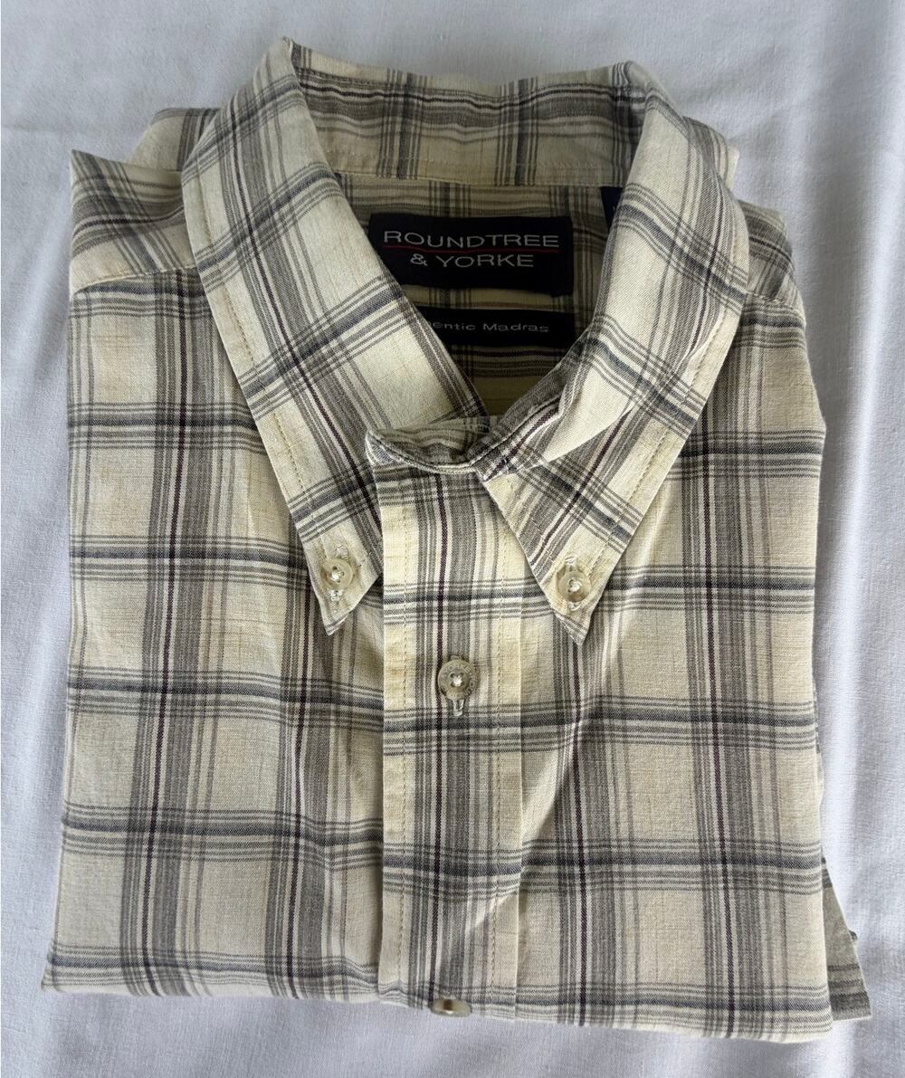 Coastal 100%Cotton Fisherman Roundtree&Yorke  Authentic Madras Plaid Shirt L